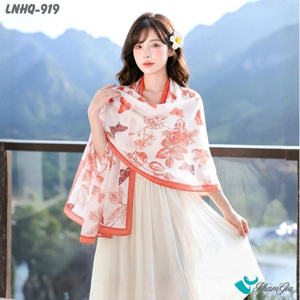 Khăn Choàng Linen Phong Cách Hàn Quốc Hoạ Tiết Hoa Lá Màu Hồng Đất Thanh Lịch (LNHQ919)