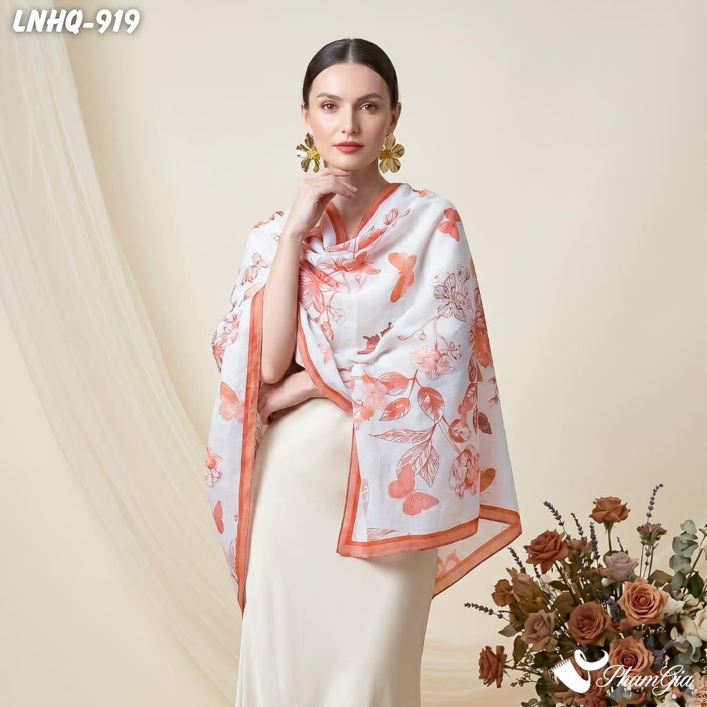 Khăn Choàng Linen Phong Cách Hàn Quốc Hoạ Tiết Hoa Lá Màu Hồng Đất Thanh Lịch (LNHQ919)