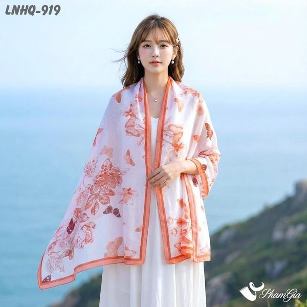 Khăn Choàng Linen Phong Cách Hàn Quốc Hoạ Tiết Hoa Lá Màu Hồng Đất Thanh Lịch (LNHQ919)