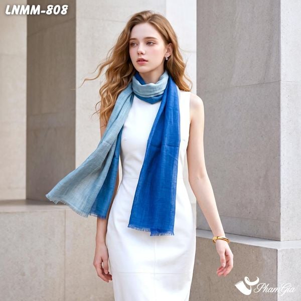 Khăn Choàng Linen Mộc Miên Phối Màu Xanh Blue - Xanh Coban (LNMM808)