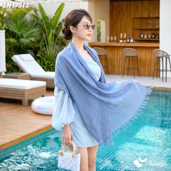 Khăn Choàng Linen Đơn Sắc Cao Cấp Màu Xanh Denim (LNT513)
