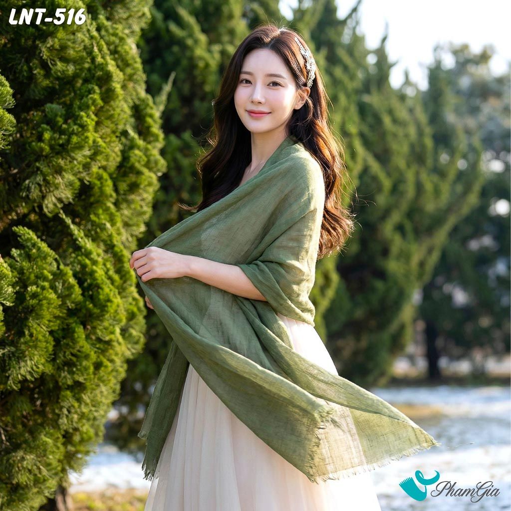 Khăn Choàng Linen Đơn Sắc Cao Cấp Màu Xanh Rêu (LNT516)