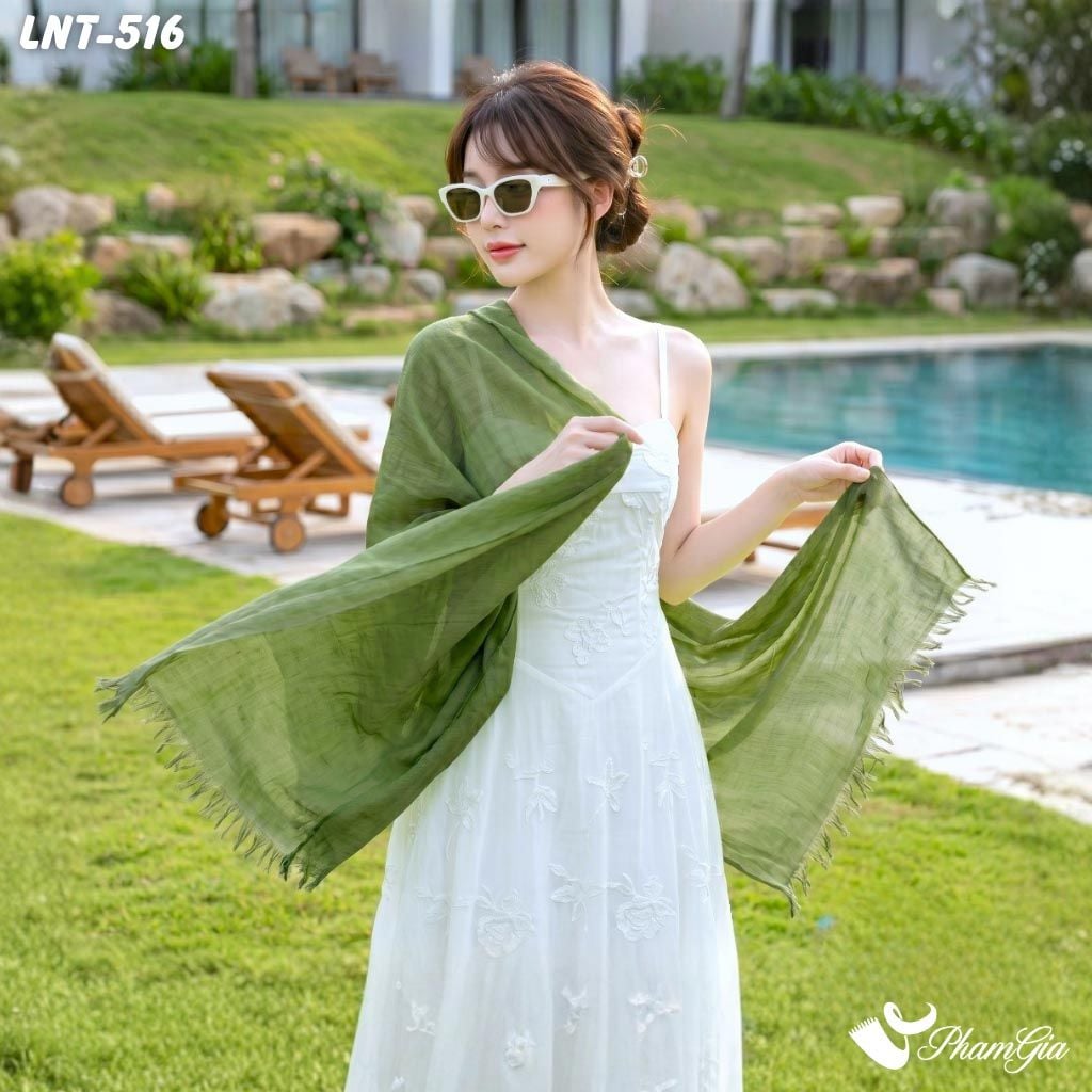 Khăn Choàng Linen Đơn Sắc Cao Cấp Màu Xanh Rêu (LNT516)