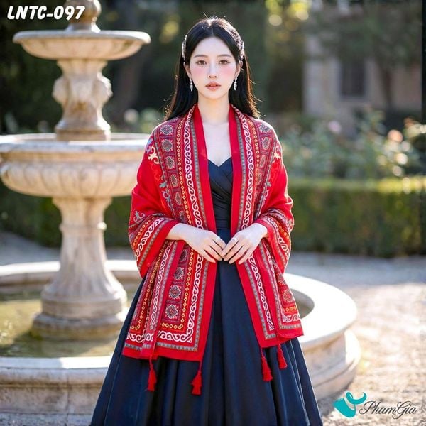 Khăn Choàng Linen Boho Họa Tiết Thổ Cẩm Tribal Màu Đỏ Rực Rỡ (LNTC097)