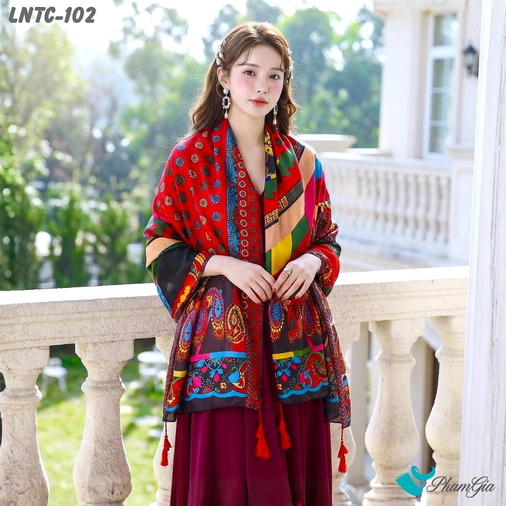 Khăn Choàng Linen Boho Họa Tiết Thổ Cẩm Abstract Màu Đỏ Phóng Khoáng (LNTC102)