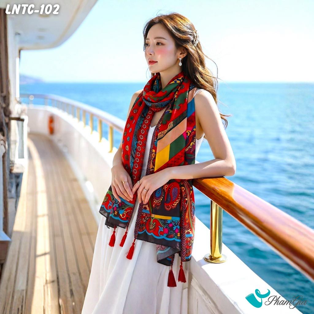 Khăn Choàng Linen Boho Họa Tiết Thổ Cẩm Abstract Màu Đỏ Phóng Khoáng (LNTC102)