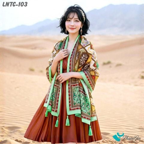 Khăn Choàng Linen Boho Họa Tiết Thổ Cẩm Mandala Màu Xanh Mint Tinh Tế (LNTC103)