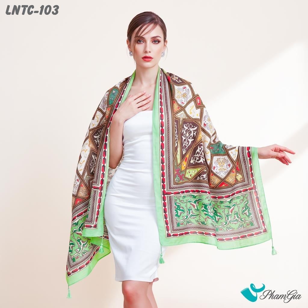 Khăn Choàng Linen Boho Họa Tiết Thổ Cẩm Mandala Màu Xanh Mint Tinh Tế (LNTC103)