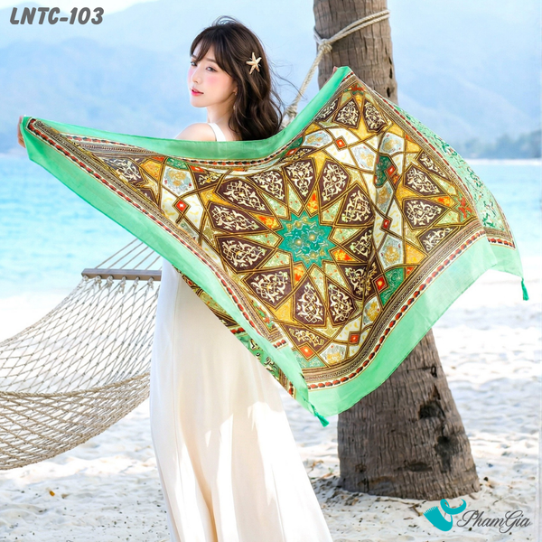 Khăn Choàng Linen Boho Họa Tiết Thổ Cẩm Mandala Màu Xanh Mint Tinh Tế (LNTC103)
