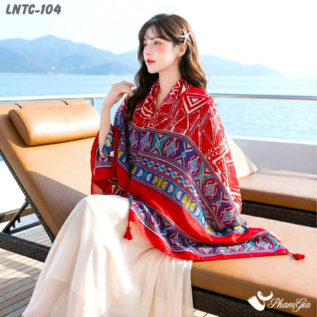 Khăn Choàng Linen Boho Họa Tiết Thổ Cẩm Tribal Màu Đỏ Đô Phối Viền Xanh Cá Tính (LNTC104)