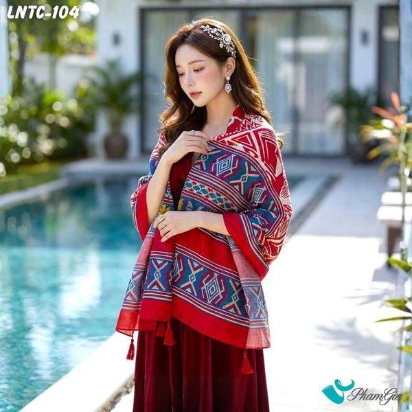 Khăn Choàng Linen Boho Họa Tiết Thổ Cẩm Tribal Màu Đỏ Đô Phối Viền Xanh Cá Tính (LNTC104)