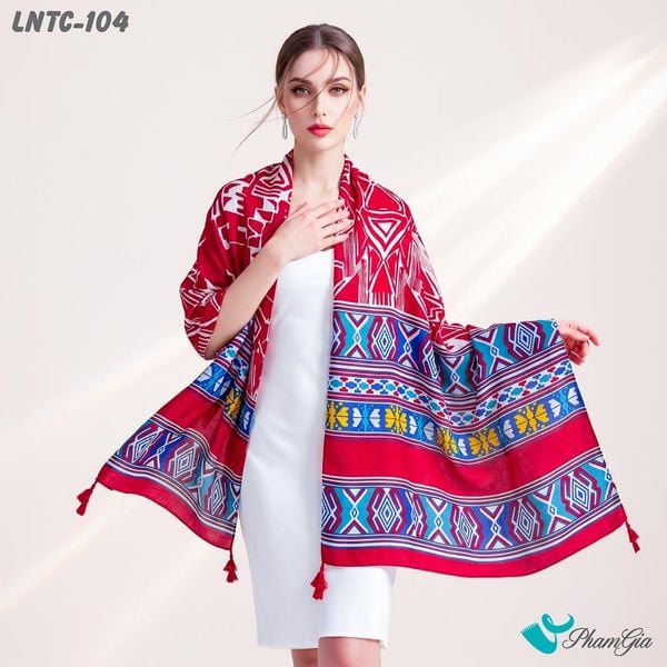 Khăn Choàng Linen Boho Họa Tiết Thổ Cẩm Tribal Màu Đỏ Đô Phối Viền Xanh Cá Tính (LNTC104)