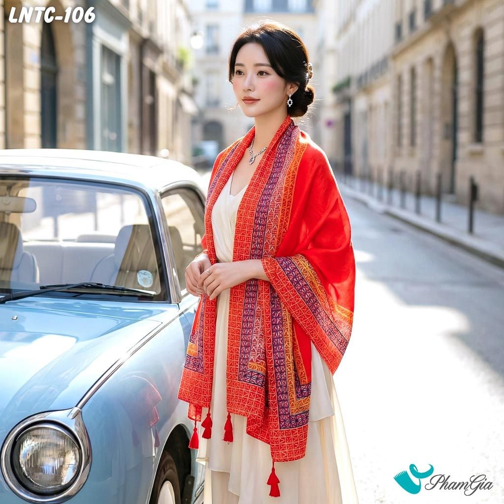 Khăn Choàng Linen Boho Họa Tiết Thổ Cẩm Màu Đỏ Cá Tính (LNTC106)