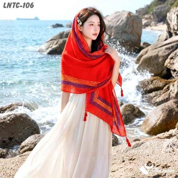 Khăn Choàng Linen Boho Họa Tiết Thổ Cẩm Màu Đỏ Cá Tính (LNTC106)
