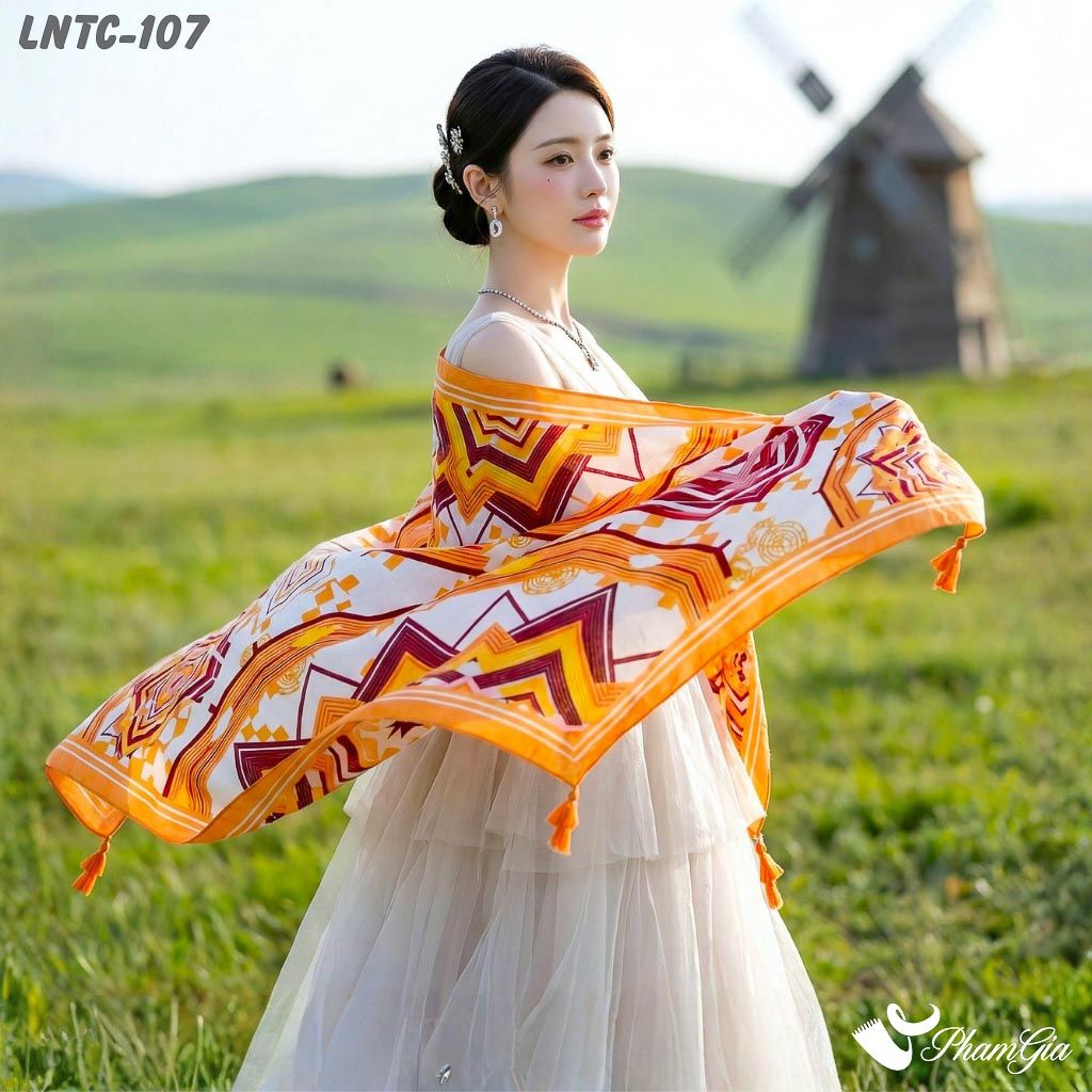 Khăn Choàng Linen Boho Họa Tiết Thổ Cẩm Tribal Màu Vàng Cam Rực Rỡ (LNTC107)