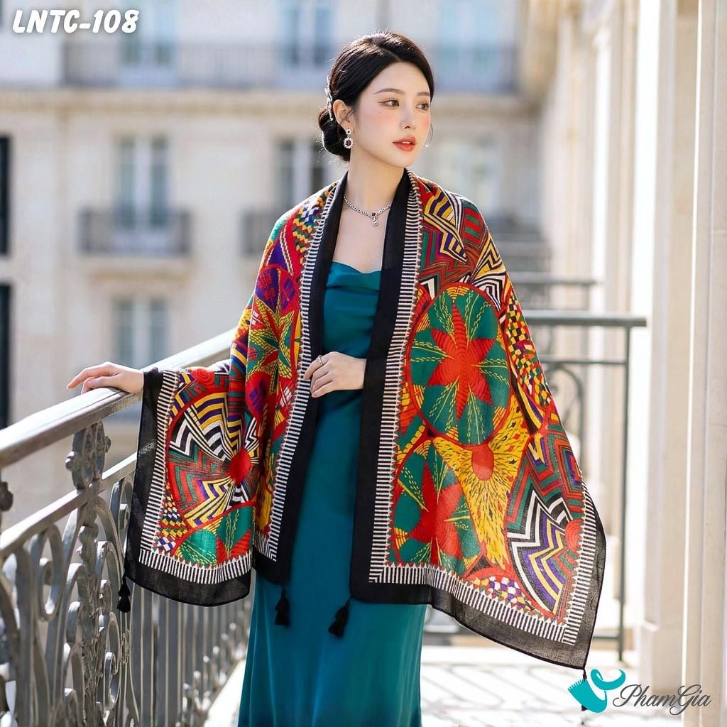 Khăn Choàng Linen Boho Họa Tiết Thổ Cẩm Tribal Phối Nhiều Màu Ấn Tượng (LNTC108)