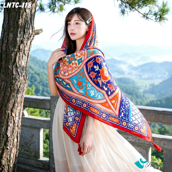 Khăn Choàng Linen Boho Họa Tiết Thổ Cẩm Mosaic Phối Nhiều Màu Rực Rỡ (LNTC118)