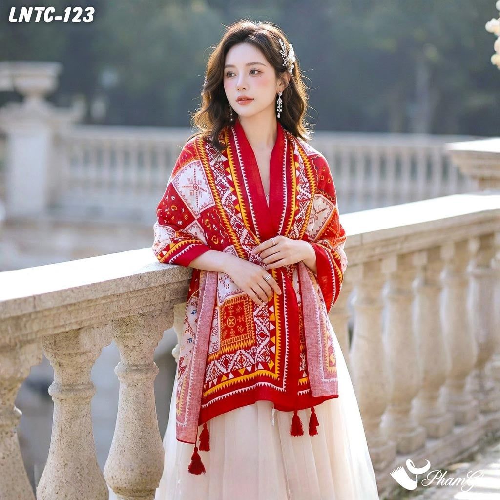 Khăn Choàng Linen Boho Họa Tiết Thổ Cẩm Mosiac Màu Đỏ Cam Rực Rỡ (LNTC123)