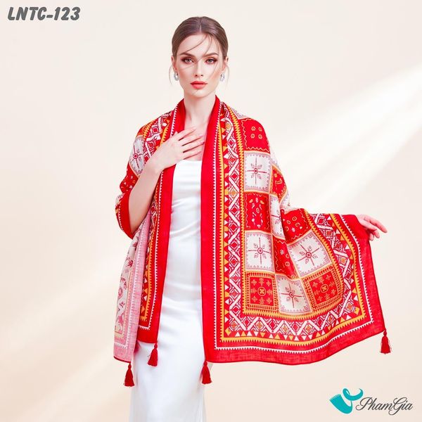 Khăn Choàng Linen Boho Họa Tiết Thổ Cẩm Mosiac Màu Đỏ Cam Rực Rỡ (LNTC123)