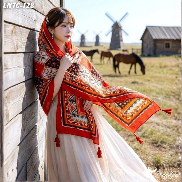 Khăn Choàng Linen Boho Họa Tiết Thổ Cẩm Mosiac Màu Cam Cháy Ấn Tượng (LNTC128)