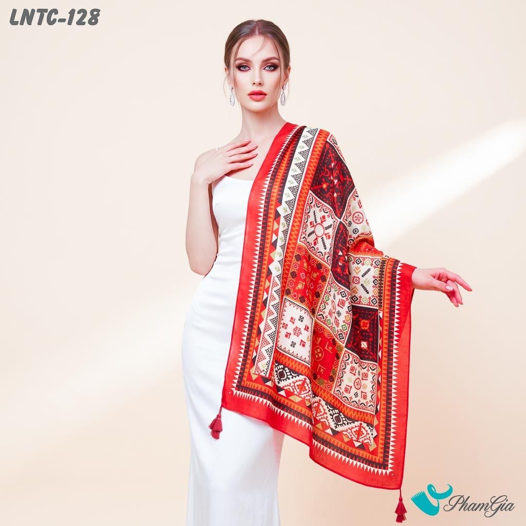 Khăn Choàng Linen Boho Họa Tiết Thổ Cẩm Mosiac Màu Cam Cháy Ấn Tượng (LNTC128)