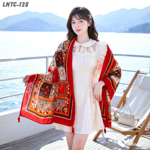 Khăn Choàng Linen Boho Họa Tiết Thổ Cẩm Mosiac Màu Cam Cháy Ấn Tượng (LNTC128)