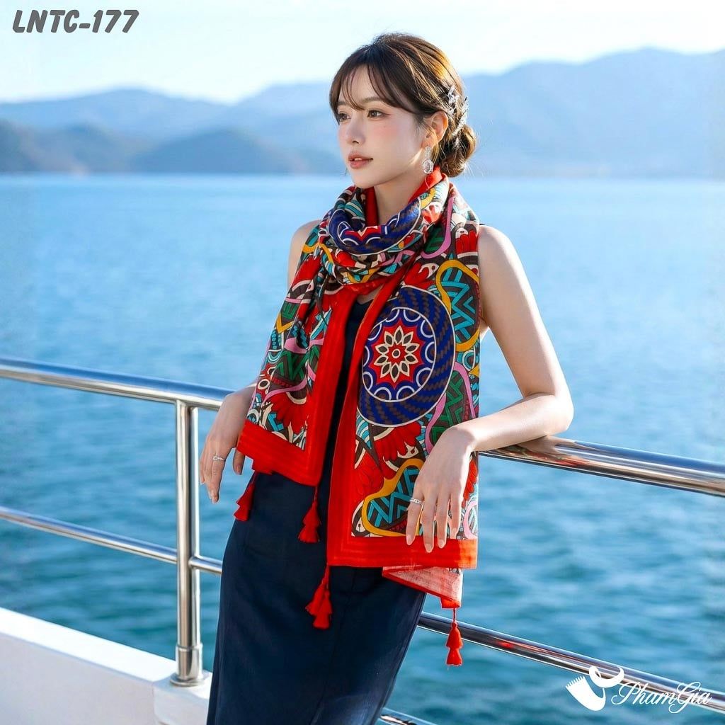 Khăn Choàng Linen Boho Họa Tiết Thổ Cẩm Mandala Màu Đỏ Cam Rực Rỡ (LNTC177)
