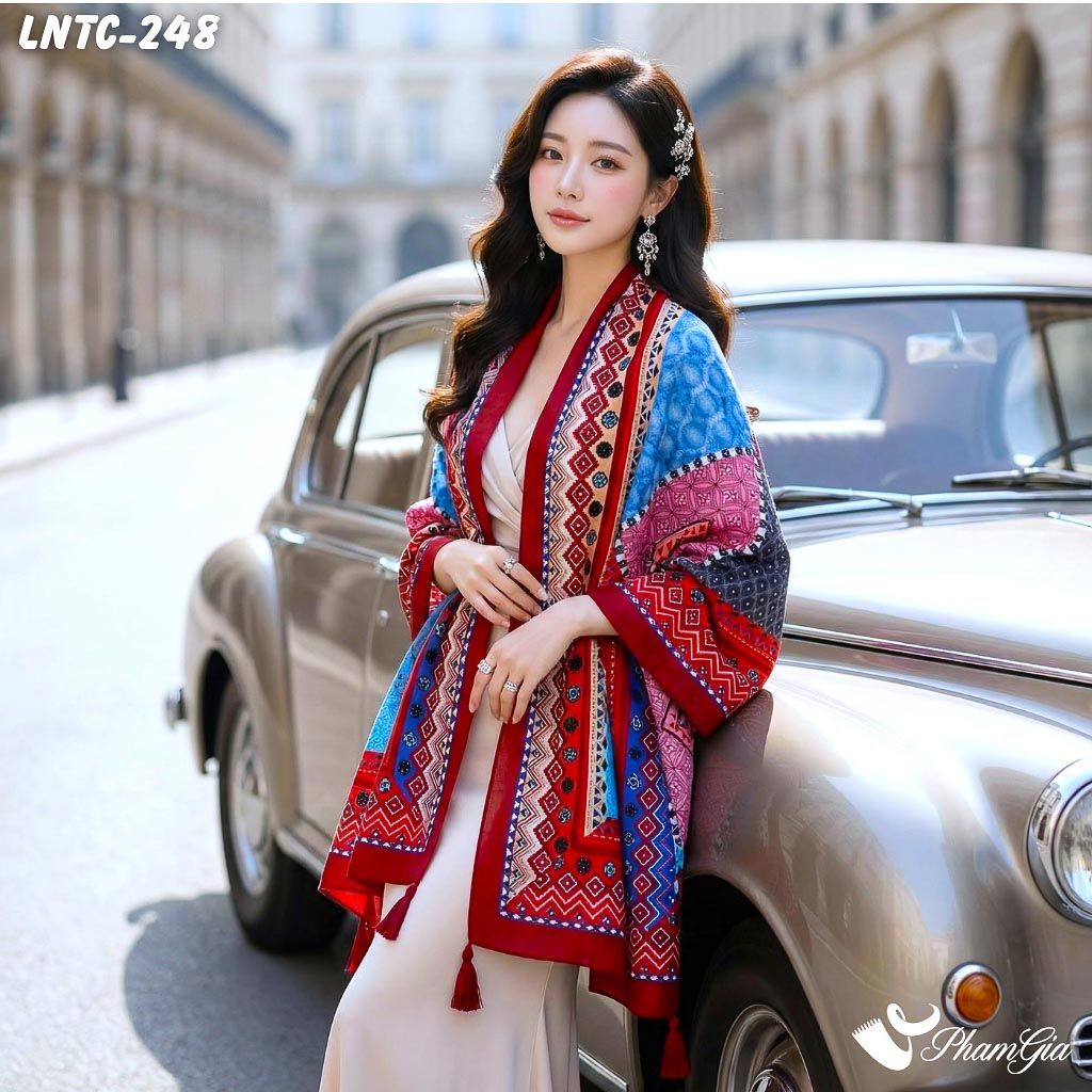 Khăn Choàng Linen Boho Họa Tiết Thổ Cẩm Tribal Màu Đỏ Rượu Cá Tính (LNTC248)