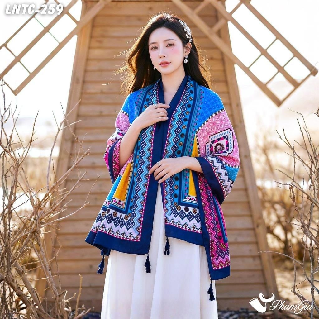Khăn Choàng Linen Boho Họa Tiết Thổ Cẩm Tribal Màu Xanh Navy Cá Tính (LNTC259)