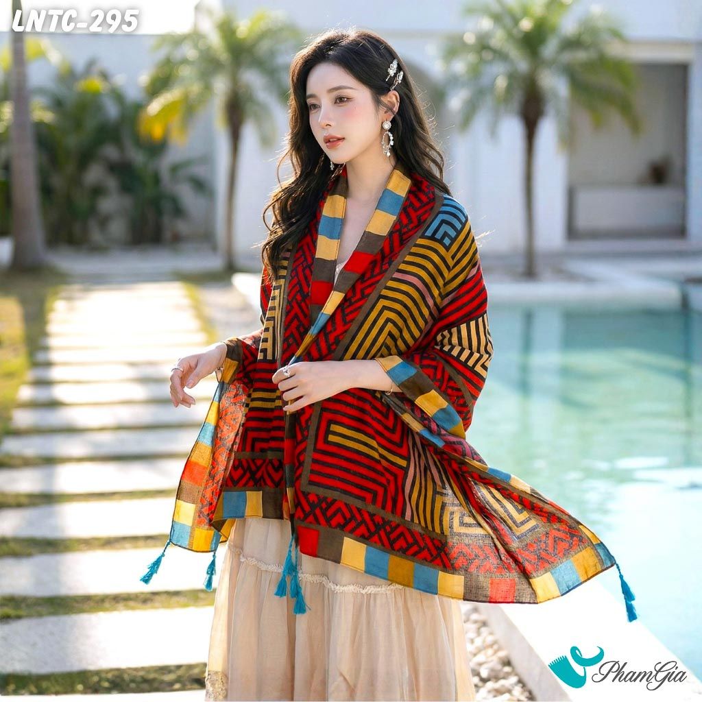Khăn Choàng Linen Boho Họa Tiết Hình Học Phối Màu Đỏ Vàng Cá Tính (LNTC295)