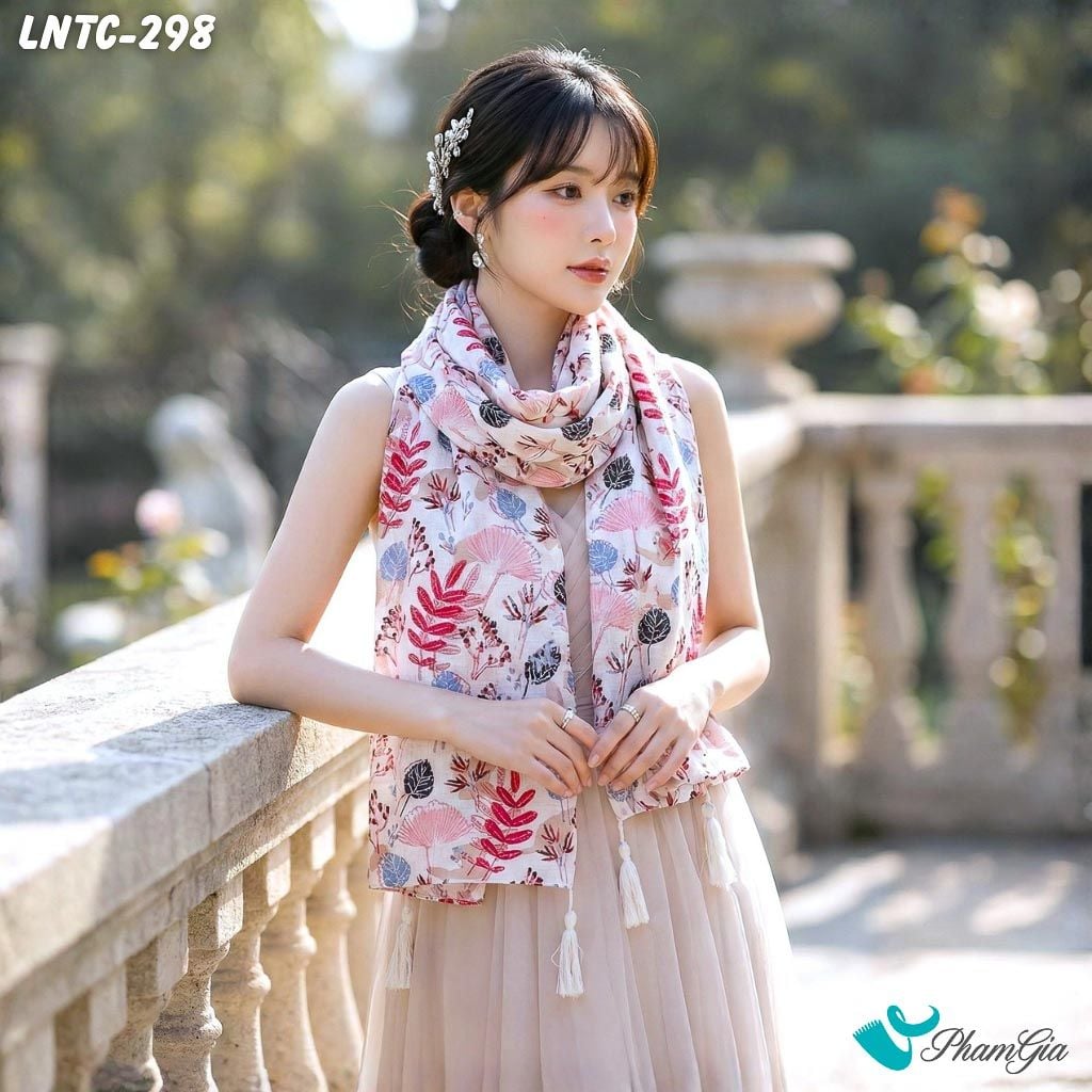 Khăn Choàng Linen Boho Họa Tiết Lá Nhiệt Đới Màu Hồng Baby Ngọt Ngào (LNTC298)
