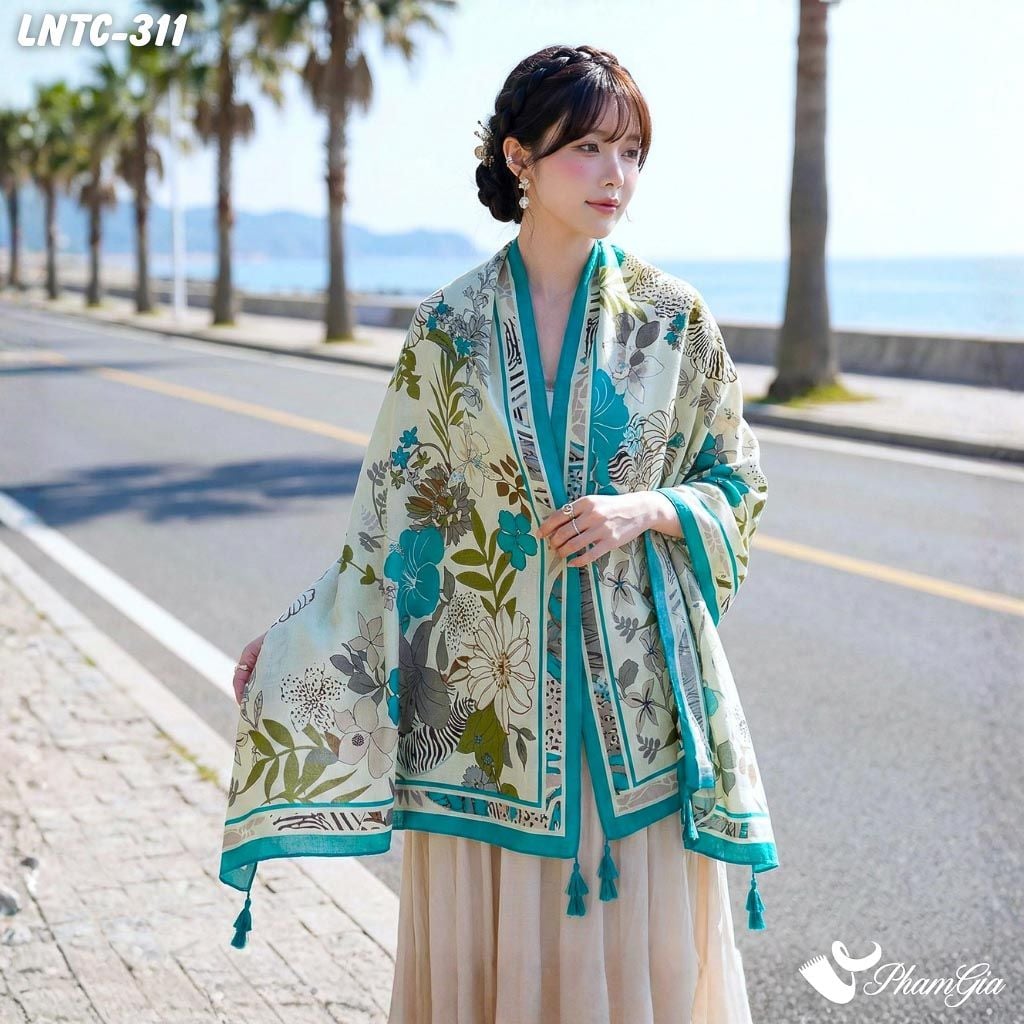 Khăn Choàng Linen Boho Họa Tiết Hoa Lá Nhiệt Đới Màu Vàng Kem Phối Xanh Ngọc Nhẹ Nhàng (LNTC311)