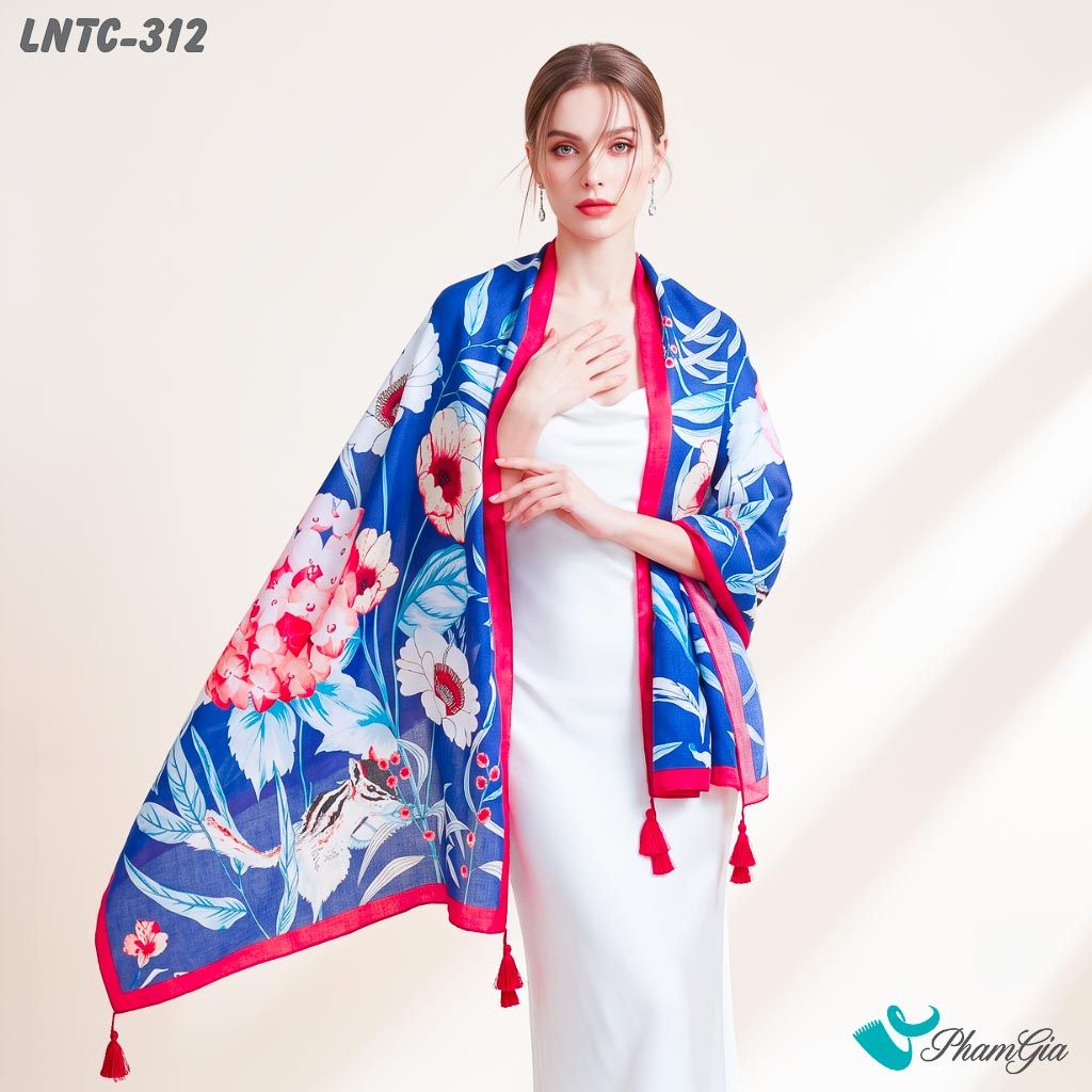 Khăn Choàng Linen Boho Họa Tiết Hoa Cẩm Tú Cầu Màu Xanh Navy Quyến Rũ (LNTC312)