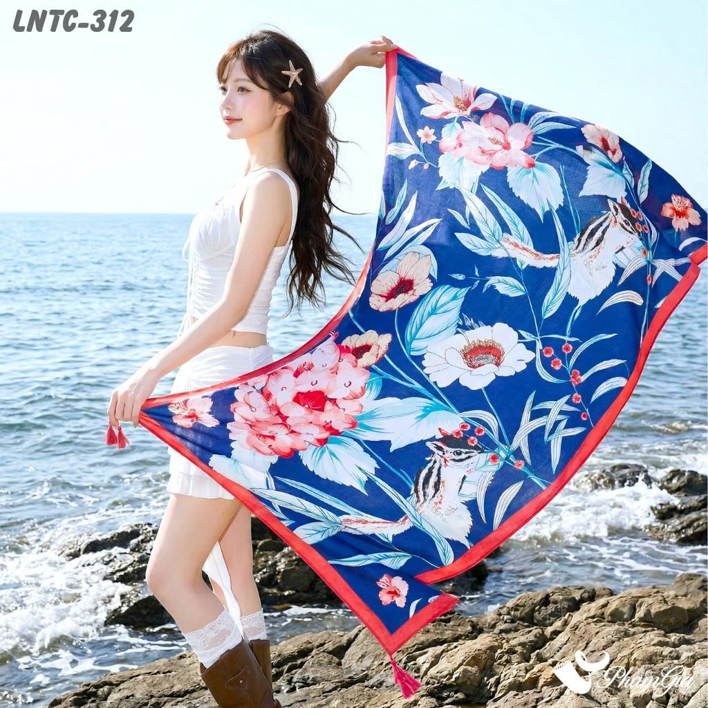 Khăn Choàng Linen Boho Họa Tiết Hoa Cẩm Tú Cầu Màu Xanh Navy Quyến Rũ (LNTC312)