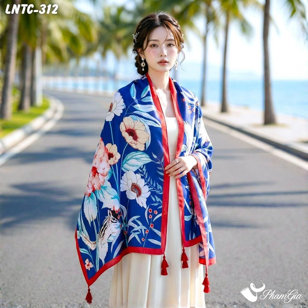 Khăn Choàng Linen Boho Họa Tiết Hoa Cẩm Tú Cầu Màu Xanh Navy Quyến Rũ (LNTC312)