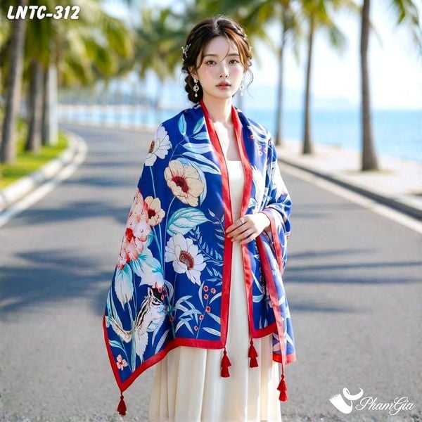 Khăn Choàng Linen Boho Họa Tiết Hoa Cẩm Tú Cầu Màu Xanh Navy Quyến Rũ (LNTC312)