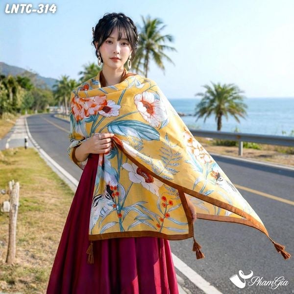 Khăn Choàng Linen Boho Họa Tiết Hoa Cẩm Tú Cầu Màu Vàng Mơ Thanh Lịch (LNTC314)