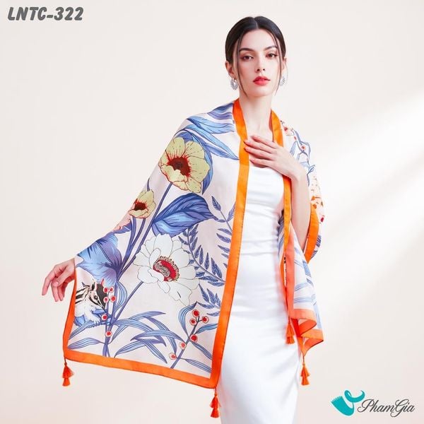 Khăn Choàng Linen Boho Họa Tiết Hoa Cẩm Tú Cầu Màu Trắng Phối Xanh Dương Tươi Mát (LNTC322)