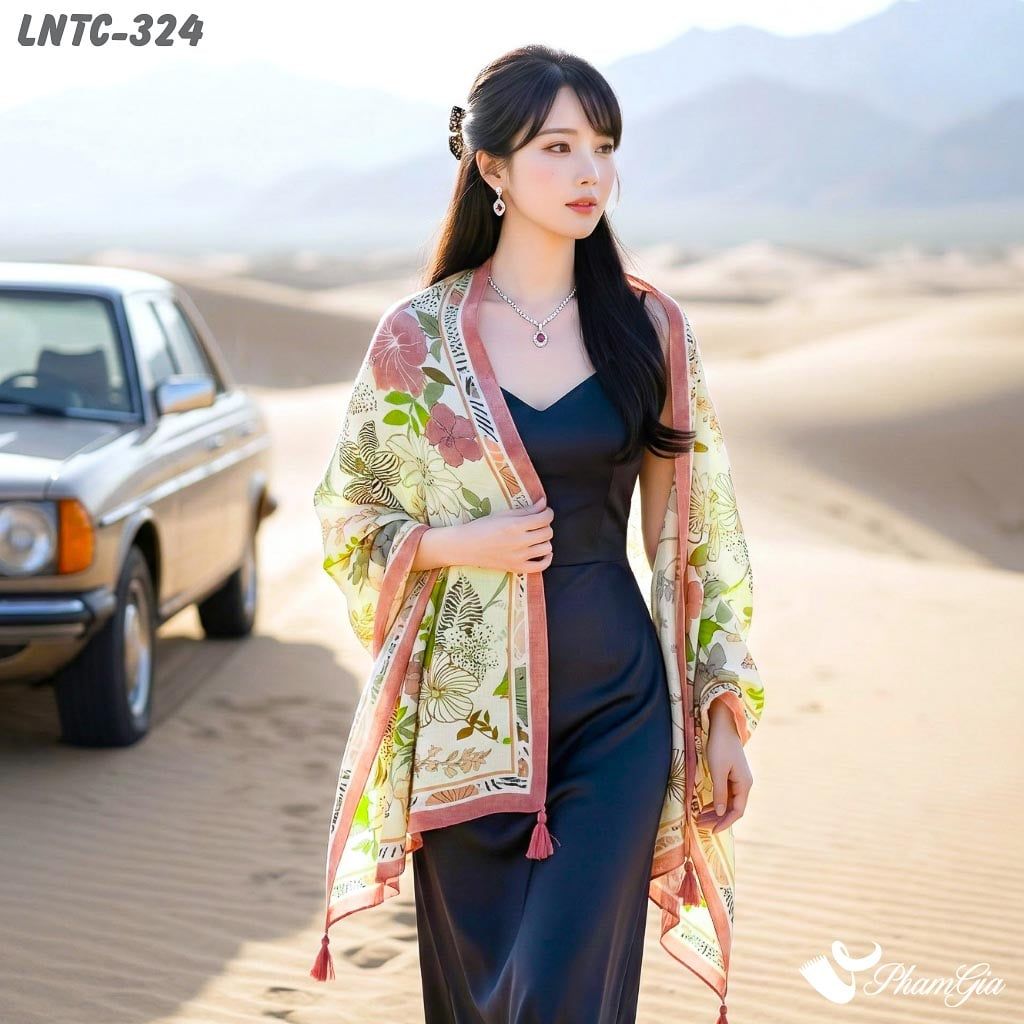 Khăn Choàng Linen Boho Họa Tiết Hoa Nhiệt Đới Màu Vàng Chanh Duyên Dáng (LNTC324)