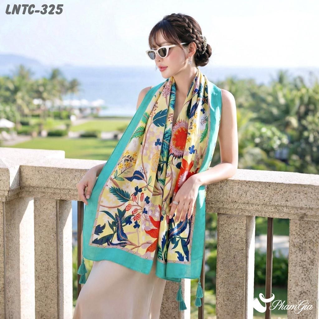 Khăn Choàng Linen Boho Họa Tiết Vườn Nhiệt Đới Màu Vàng Kem Phối Xanh Mint Tươi Mát (LNTC325)
