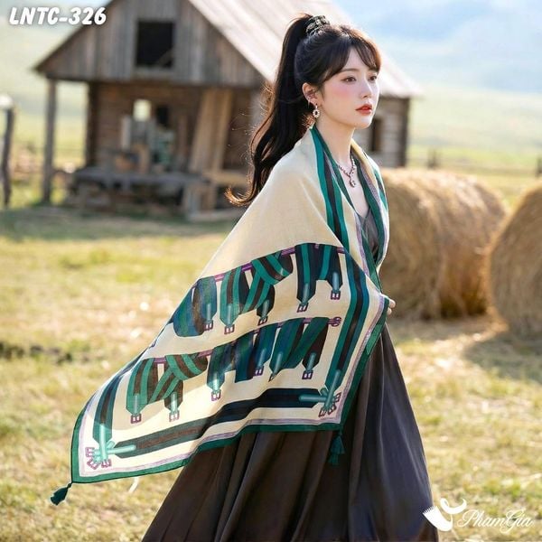 Khăn Choàng Linen Boho Họa Tiết Dây Đai Xanh Phối Nền Beige Cá Tính (LNTC326)
