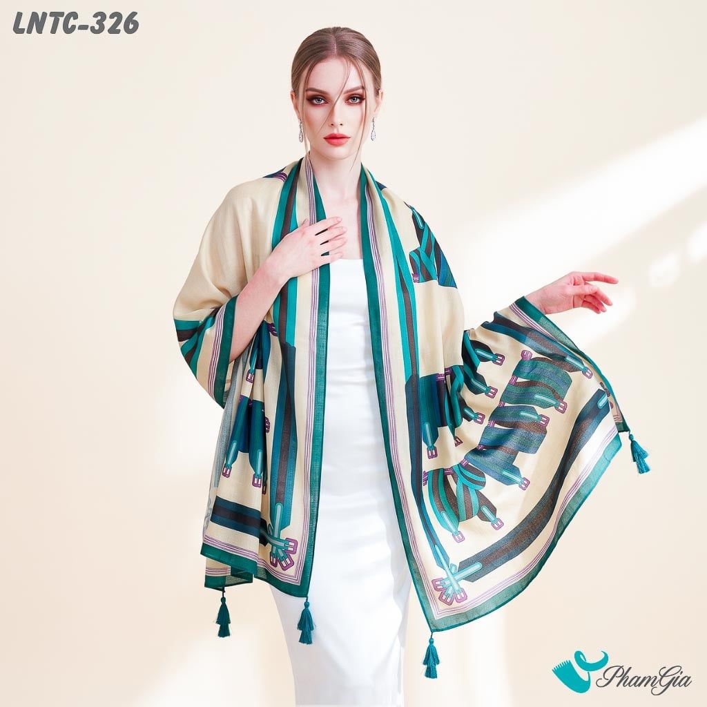 Khăn Choàng Linen Boho Họa Tiết Dây Đai Xanh Phối Nền Beige Cá Tính (LNTC326)