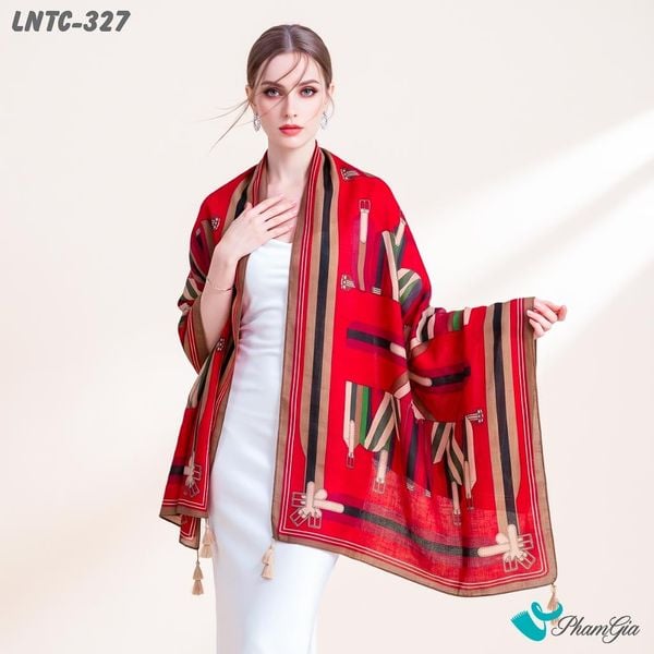 Khăn Choàng Linen Boho Họa Tiết Dây Đai Nâu Phối Nền Đỏ Đô Nổi Bật (LNTC327)