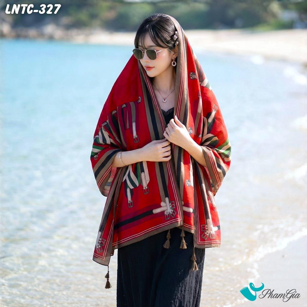 Khăn Choàng Linen Boho Họa Tiết Dây Đai Nâu Phối Nền Đỏ Đô Nổi Bật (LNTC327)