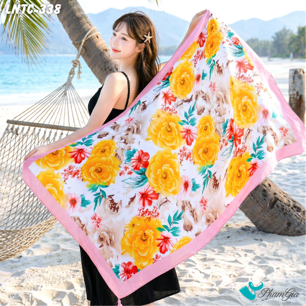 Khăn Choàng Linen Boho Họa Tiết Hoa Hồng Vàng Rực Rỡ (LNTC338)