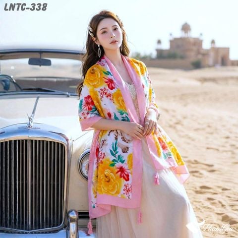 Khăn Choàng Linen Boho Họa Tiết Hoa Hồng Vàng Rực Rỡ (LNTC338)