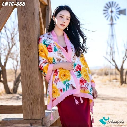 Khăn Choàng Linen Boho Họa Tiết Hoa Hồng Vàng Rực Rỡ (LNTC338)