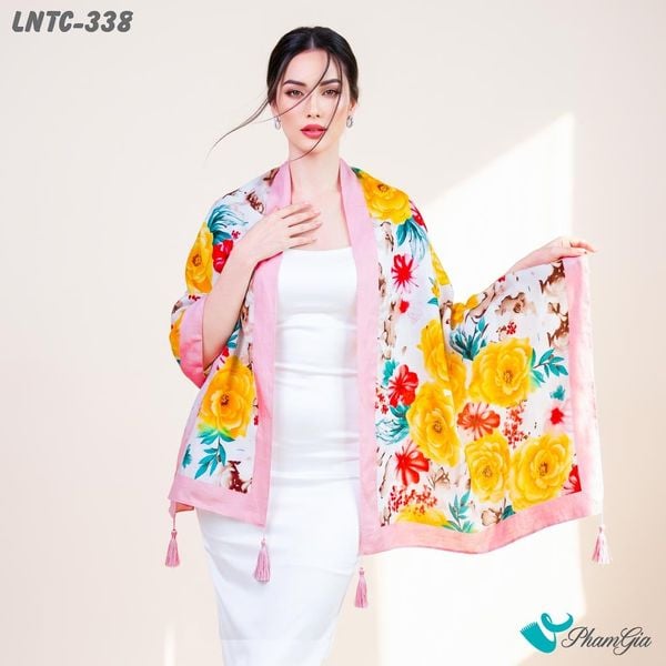 Khăn Choàng Linen Boho Họa Tiết Hoa Hồng Vàng Rực Rỡ (LNTC338)