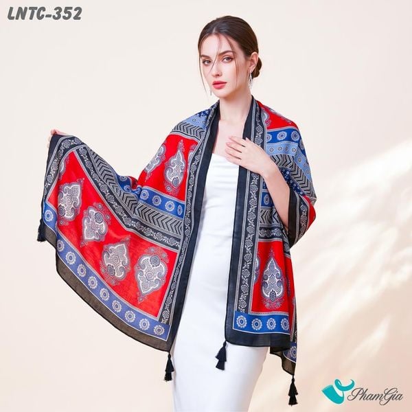 Khăn Choàng Linen Boho Họa Tiết Thổ Cẩm Paisley Phối Màu Đỏ Xanh Nổi Bật (LNTC352)