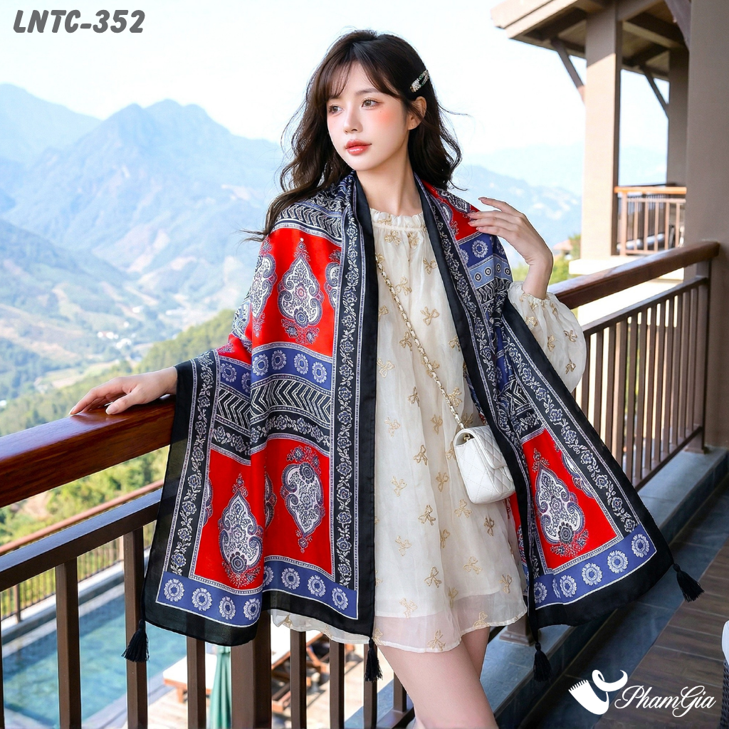 Khăn Choàng Linen Boho Họa Tiết Thổ Cẩm Paisley Phối Màu Đỏ Xanh Nổi Bật (LNTC352)